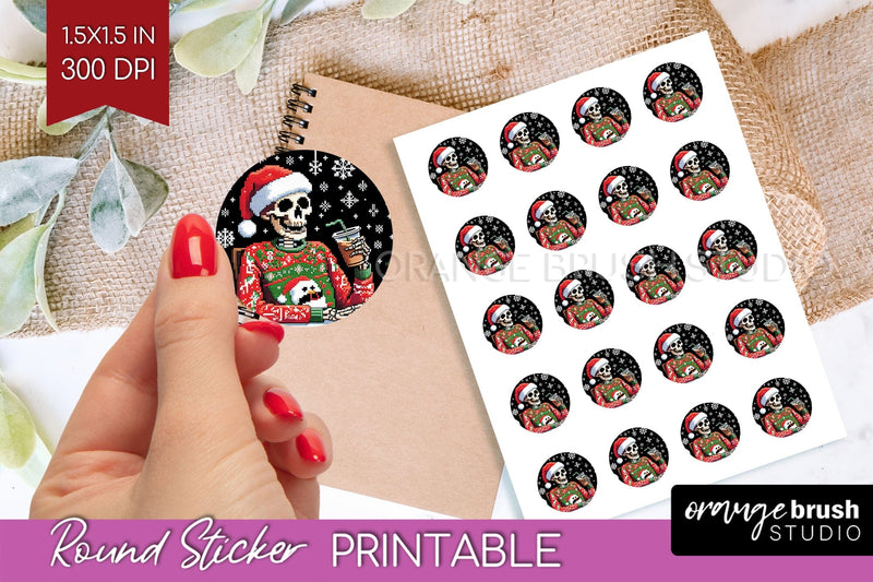 Christmas Skeleton Round Sticker - Santa Printable Stickers Sublimation OrangeBrushStudio 