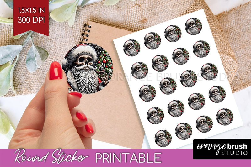 Christmas Skeleton Round Sticker - Santa Printable Stickers Sublimation OrangeBrushStudio 