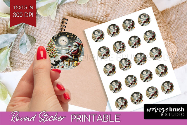 Christmas Skeleton Round Sticker - Santa Printable Stickers Sublimation OrangeBrushStudio 