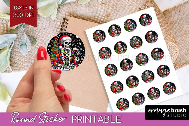 Christmas Skeleton Round Sticker - Santa Printable Stickers Sublimation OrangeBrushStudio 