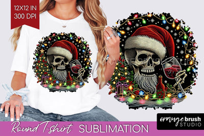 Christmas Skeleton Round Tshirt Background, Santa Skull PNG Sublimation OrangeBrushStudio 