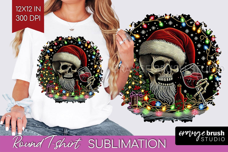 Christmas Skeleton Round Tshirt Background, Santa Skull PNG Sublimation OrangeBrushStudio 