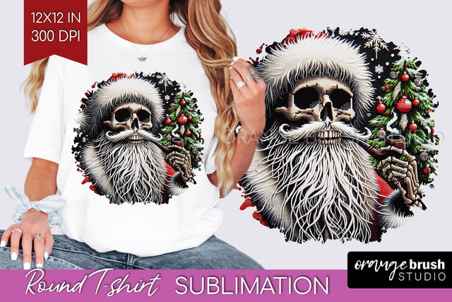 Christmas Skeleton Round Tshirt Background, Santa Skull PNG Sublimation OrangeBrushStudio 