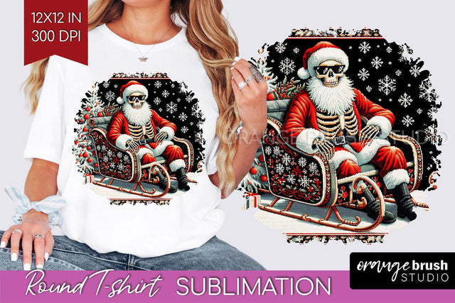 Christmas Skeleton Round Tshirt Background, Santa Skull PNG Sublimation OrangeBrushStudio 
