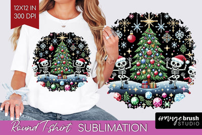 Christmas Skeleton Round Tshirt Background, Santa Skull PNG Sublimation OrangeBrushStudio 