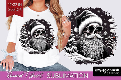 Christmas Skeleton Round Tshirt Background, Santa Skull PNG Sublimation OrangeBrushStudio 