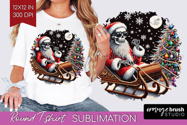 Christmas Skeleton Round Tshirt Background, Santa Skull PNG Sublimation OrangeBrushStudio 