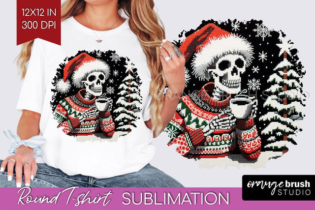Christmas Skeleton Round Tshirt Background, Santa Skull PNG Sublimation OrangeBrushStudio 