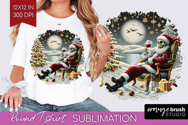 Christmas Skeleton Round Tshirt Background, Santa Skull PNG Sublimation OrangeBrushStudio 