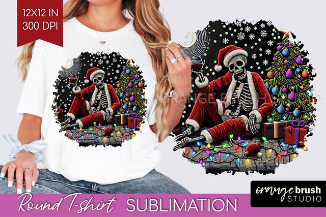 Christmas Skeleton Round Tshirt Background, Santa Skull PNG Sublimation OrangeBrushStudio 
