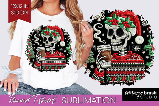 Christmas Skeleton Round Tshirt Background, Santa Skull PNG Sublimation OrangeBrushStudio 