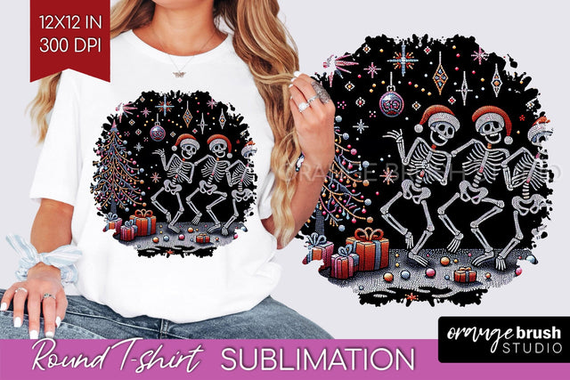 Christmas Skeleton Round Tshirt Background, Santa Skull PNG Sublimation OrangeBrushStudio 