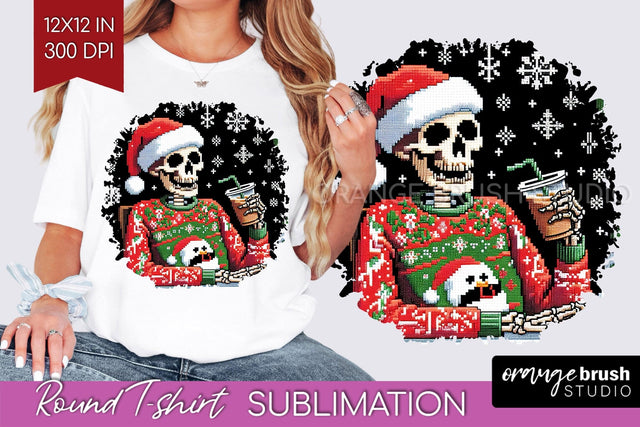 Christmas Skeleton Round Tshirt Background, Santa Skull PNG Sublimation OrangeBrushStudio 
