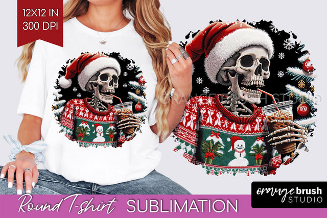 Christmas Skeleton Round Tshirt Background, Santa Skull PNG Sublimation OrangeBrushStudio 