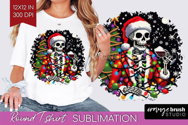 Christmas Skeleton Round Tshirt Background, Santa Skull PNG Sublimation OrangeBrushStudio 