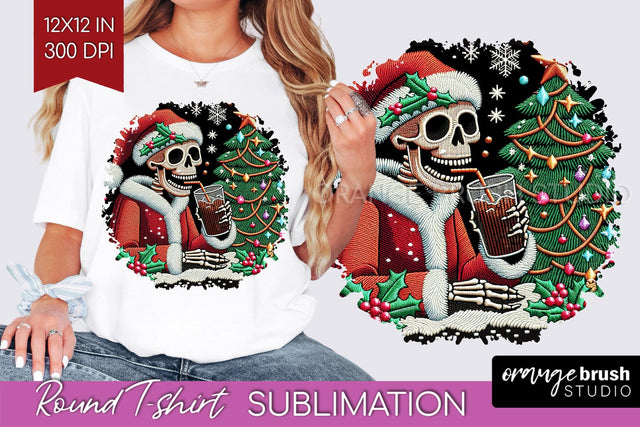 Christmas Skeleton Round Tshirt Background, Santa Skull PNG Sublimation OrangeBrushStudio 