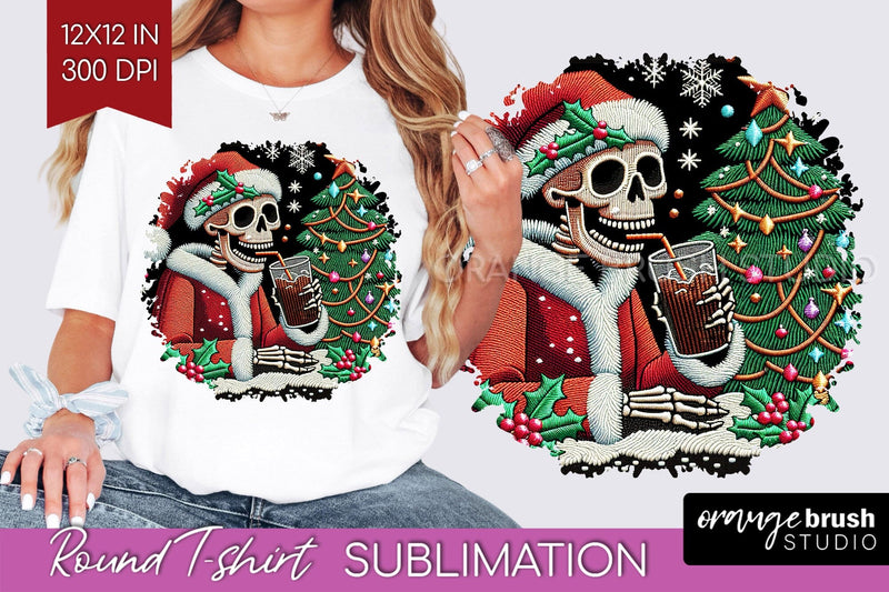 Christmas Skeleton Round Tshirt Background, Santa Skull PNG Sublimation OrangeBrushStudio 