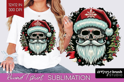 Christmas Skeleton Round Tshirt Background, Santa Skull PNG Sublimation OrangeBrushStudio 