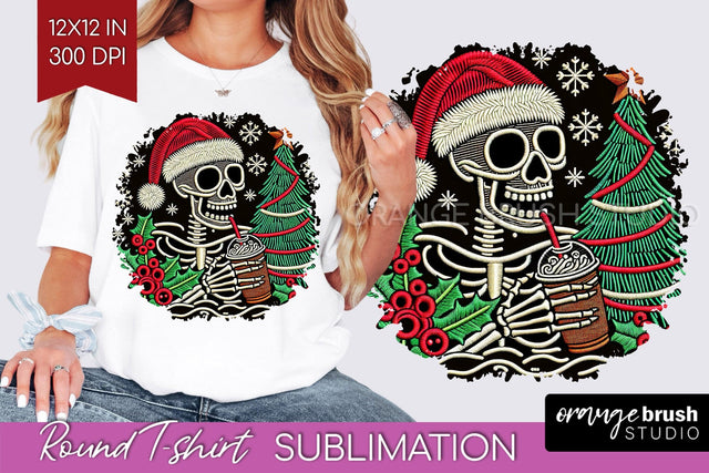 Christmas Skeleton Round Tshirt Background, Santa Skull PNG Sublimation OrangeBrushStudio 