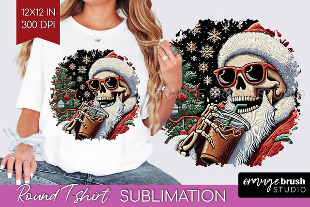 Christmas Skeleton Round Tshirt Background, Santa Skull PNG Sublimation OrangeBrushStudio 