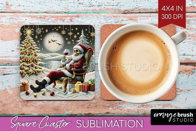 Christmas Skeleton Square Coaster - Skull Santa Sublimation Sublimation OrangeBrushStudio 