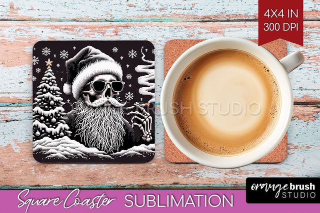 Christmas Skeleton Square Coaster - Skull Santa Sublimation Sublimation OrangeBrushStudio 