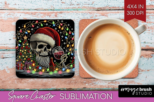 Christmas Skeleton Square Coaster - Skull Santa Sublimation Sublimation OrangeBrushStudio 
