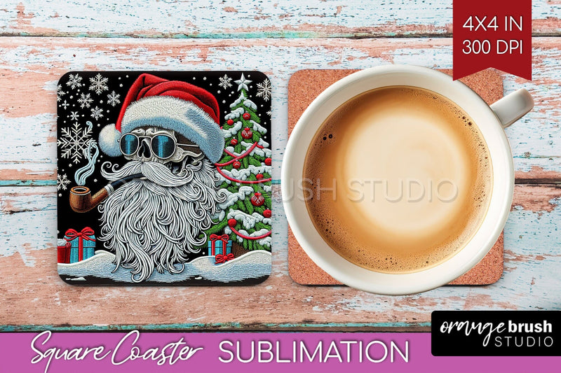 Christmas Skeleton Square Coaster - Skull Santa Sublimation Sublimation OrangeBrushStudio 
