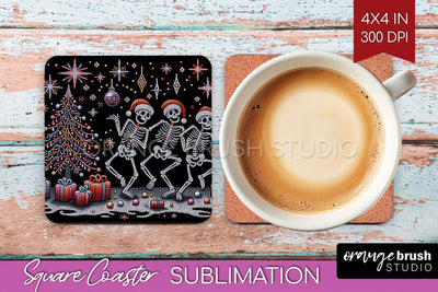 Christmas Skeleton Square Coaster - Skull Santa Sublimation Sublimation OrangeBrushStudio 