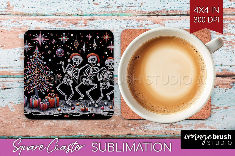 Christmas Skeleton Square Coaster - Skull Santa Sublimation Sublimation OrangeBrushStudio 