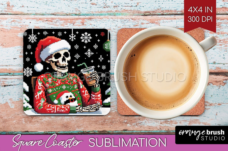 Christmas Skeleton Square Coaster - Skull Santa Sublimation Sublimation OrangeBrushStudio 