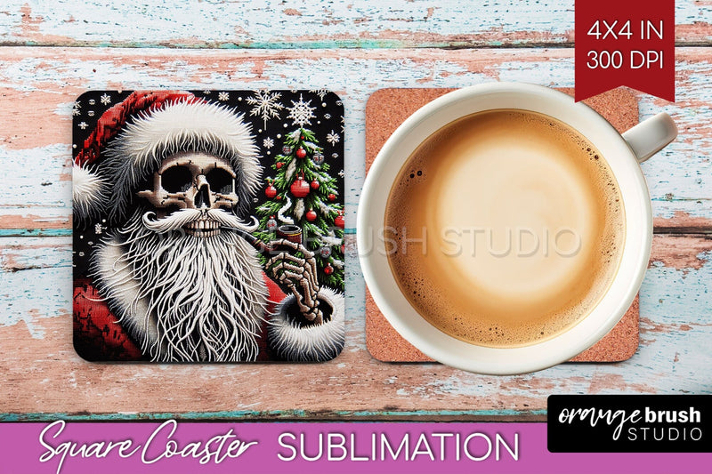 Christmas Skeleton Square Coaster - Skull Santa Sublimation Sublimation OrangeBrushStudio 