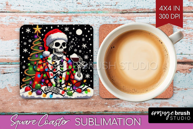 Christmas Skeleton Square Coaster - Skull Santa Sublimation Sublimation OrangeBrushStudio 