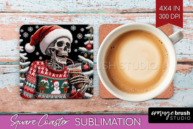 Christmas Skeleton Square Coaster - Skull Santa Sublimation Sublimation OrangeBrushStudio 