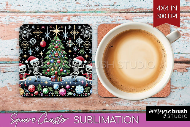 Christmas Skeleton Square Coaster - Skull Santa Sublimation Sublimation OrangeBrushStudio 