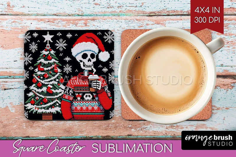 Christmas Skeleton Square Coaster - Skull Santa Sublimation Sublimation OrangeBrushStudio 