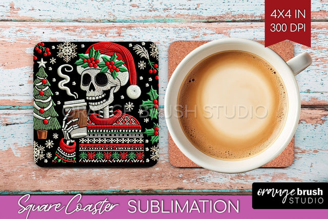 Christmas Skeleton Square Coaster - Skull Santa Sublimation Sublimation OrangeBrushStudio 