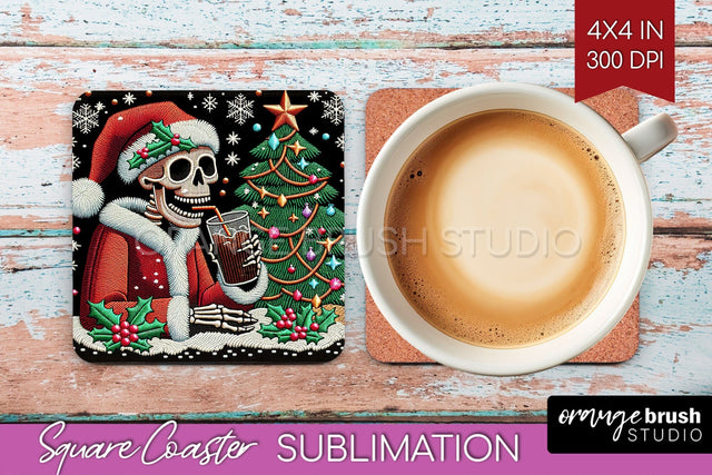 Christmas Skeleton Square Coaster - Skull Santa Sublimation Sublimation OrangeBrushStudio 
