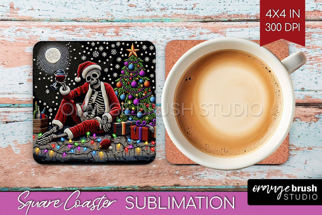 Christmas Skeleton Square Coaster - Skull Santa Sublimation Sublimation OrangeBrushStudio 