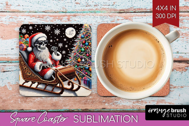 Christmas Skeleton Square Coaster - Skull Santa Sublimation Sublimation OrangeBrushStudio 