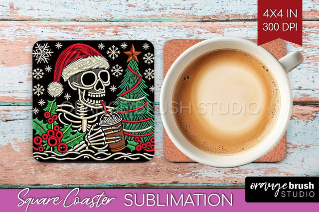 Christmas Skeleton Square Coaster - Skull Santa Sublimation Sublimation OrangeBrushStudio 