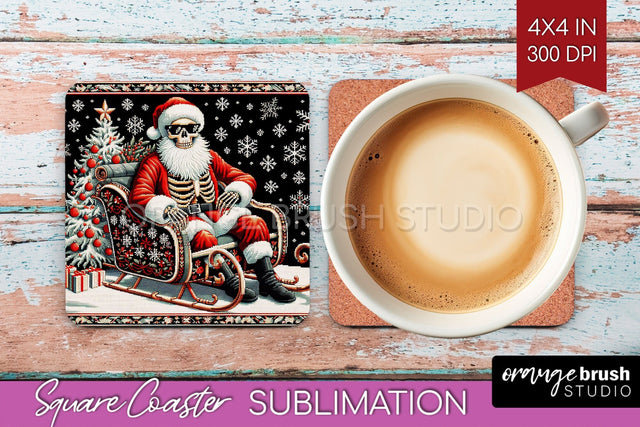Christmas Skeleton Square Coaster - Skull Santa Sublimation Sublimation OrangeBrushStudio 