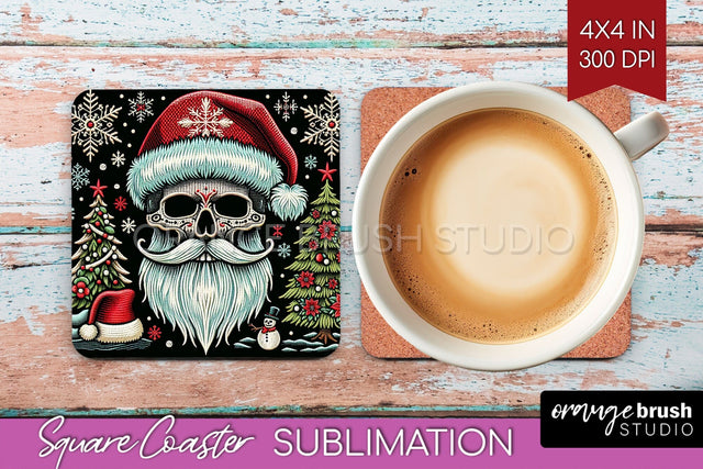 Christmas Skeleton Square Coaster - Skull Santa Sublimation Sublimation OrangeBrushStudio 