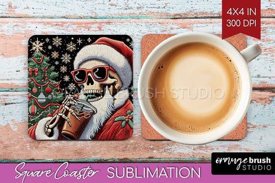 Christmas Skeleton Square Coaster - Skull Santa Sublimation Sublimation OrangeBrushStudio 