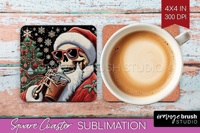 Christmas Skeleton Square Coaster - Skull Santa Sublimation Sublimation OrangeBrushStudio 
