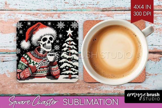 Christmas Skeleton Square Coaster - Skull Santa Sublimation Sublimation OrangeBrushStudio 