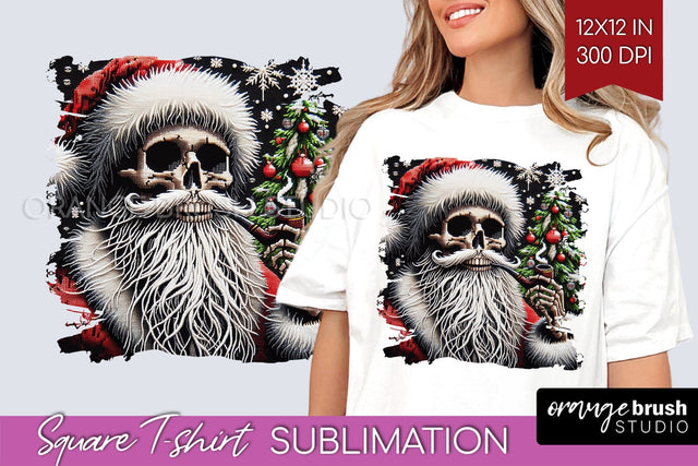 Christmas Skeleton Square Tshirt Background, Santa Skull PNG Sublimation OrangeBrushStudio 