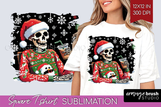 Christmas Skeleton Square Tshirt Background, Santa Skull PNG Sublimation OrangeBrushStudio 