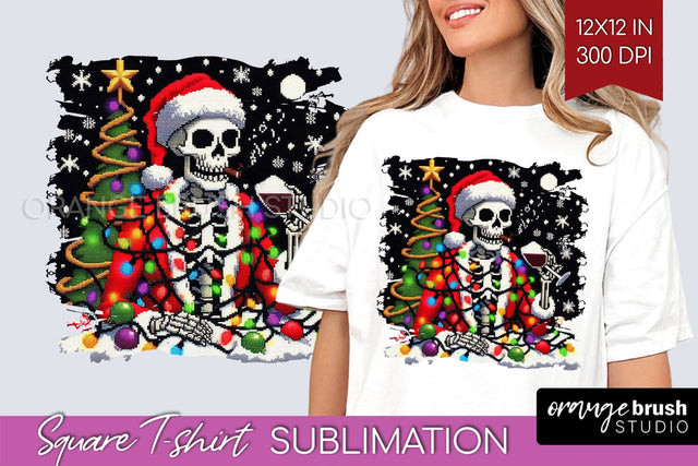 Christmas Skeleton Square Tshirt Background, Santa Skull PNG Sublimation OrangeBrushStudio 