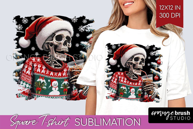 Christmas Skeleton Square Tshirt Background, Santa Skull PNG Sublimation OrangeBrushStudio 